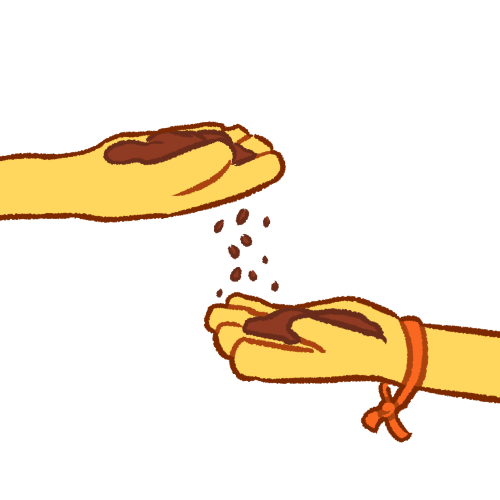  two emoji yellow hands holding piles of dirt, with dirt falling from the first hand to the second, which is wearing an orange wristband.